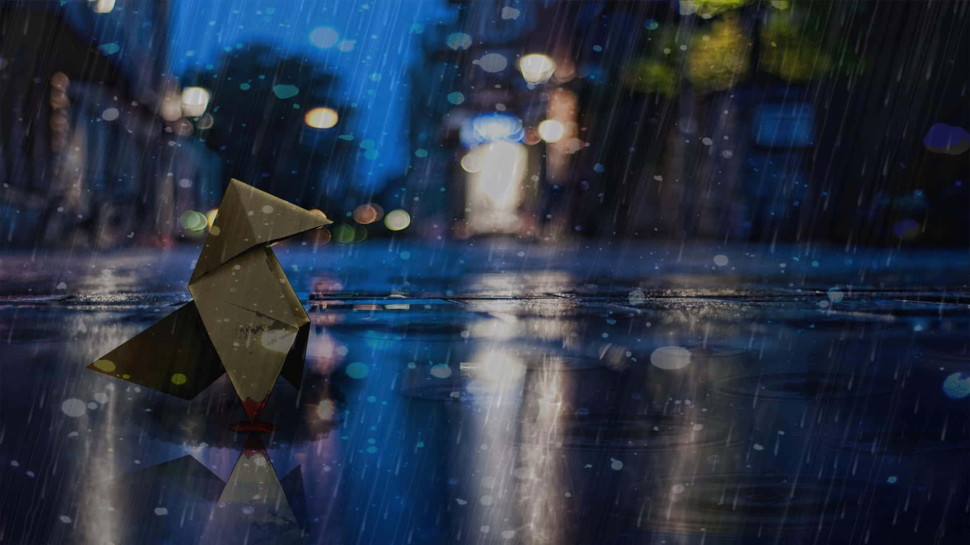 Raining 桌布 壁紙 — 一隻孤獨的摺紙鳥站在雨濕的夜間城市街道上，模糊的燈光在水窪中反射。