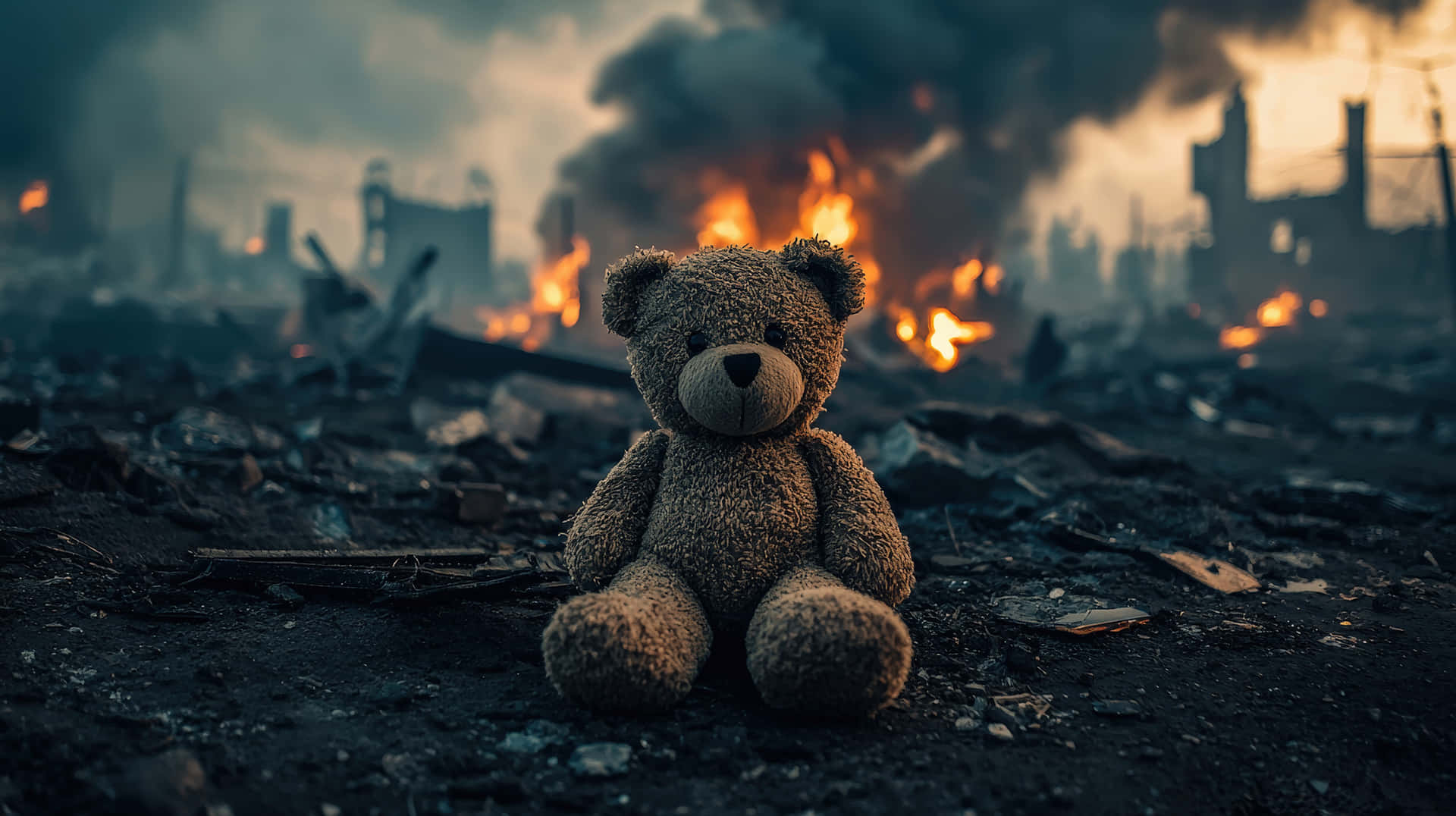 A worn-out teddy bear sits amid rubble and burning debris, symbolizing loss, war and devastation 壁紙 — 一隻孤獨的棕色泰迪熊坐在被摧毀的城市景觀中的瓦礫和火焰之間。