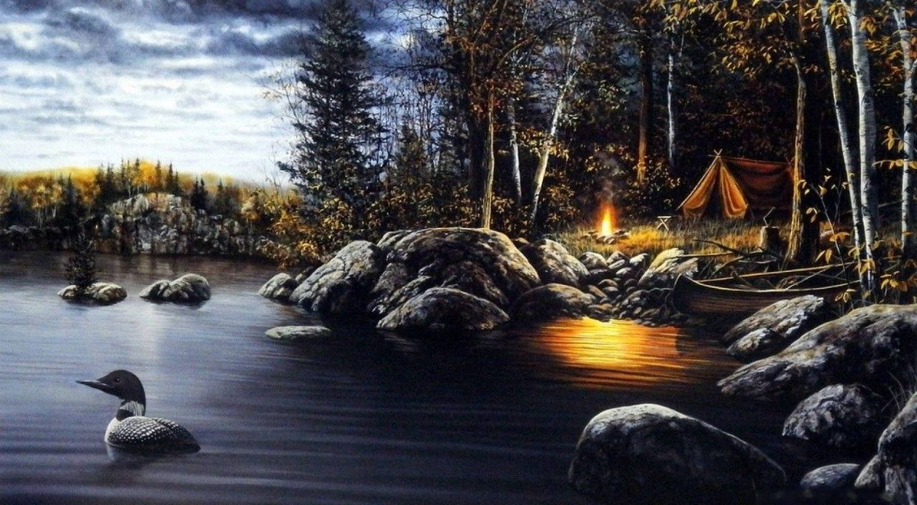 river 桌布 壁紙 — 一隻孤獨的潛鳥在黃昏時分，游近一個在岩石和秋樹間的帳篷旁閃爍的營火。