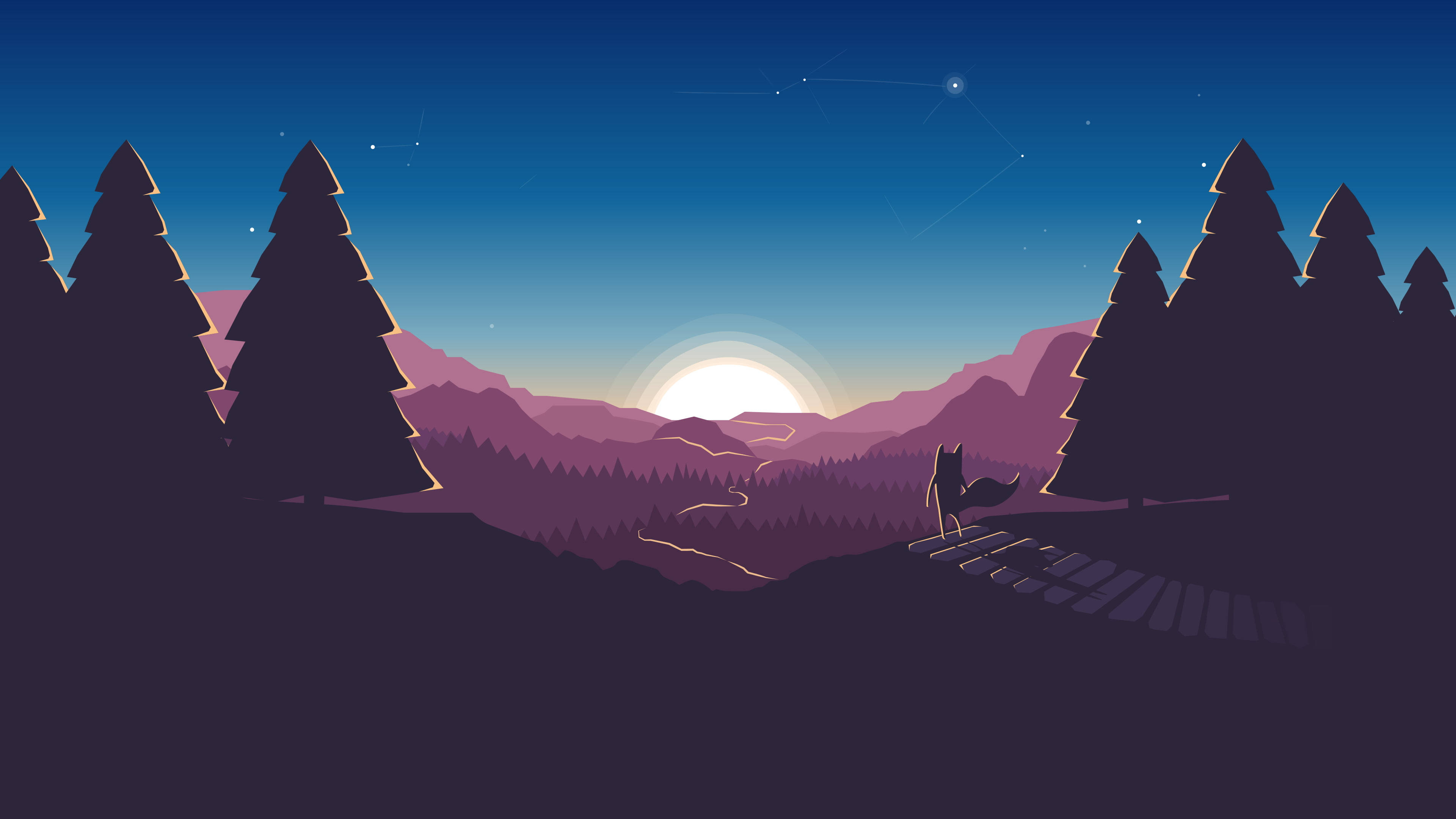 vector 桌布 壁紙 — 一隻孤獨的狐狸在黃昏時站在木橋上，俯瞰著星空下紫色的山脈和松樹。
