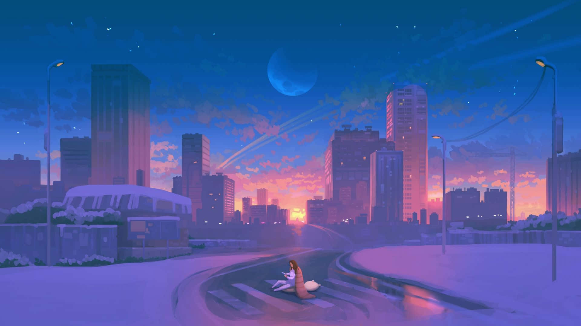 城市風景 桌布 壁紙 — 一隻孤獨的狐狸坐在黃昏時分積雪的街道上，一輪發光的月亮在沐浴在粉紅色和紫色色調中的摩天大樓上升起。