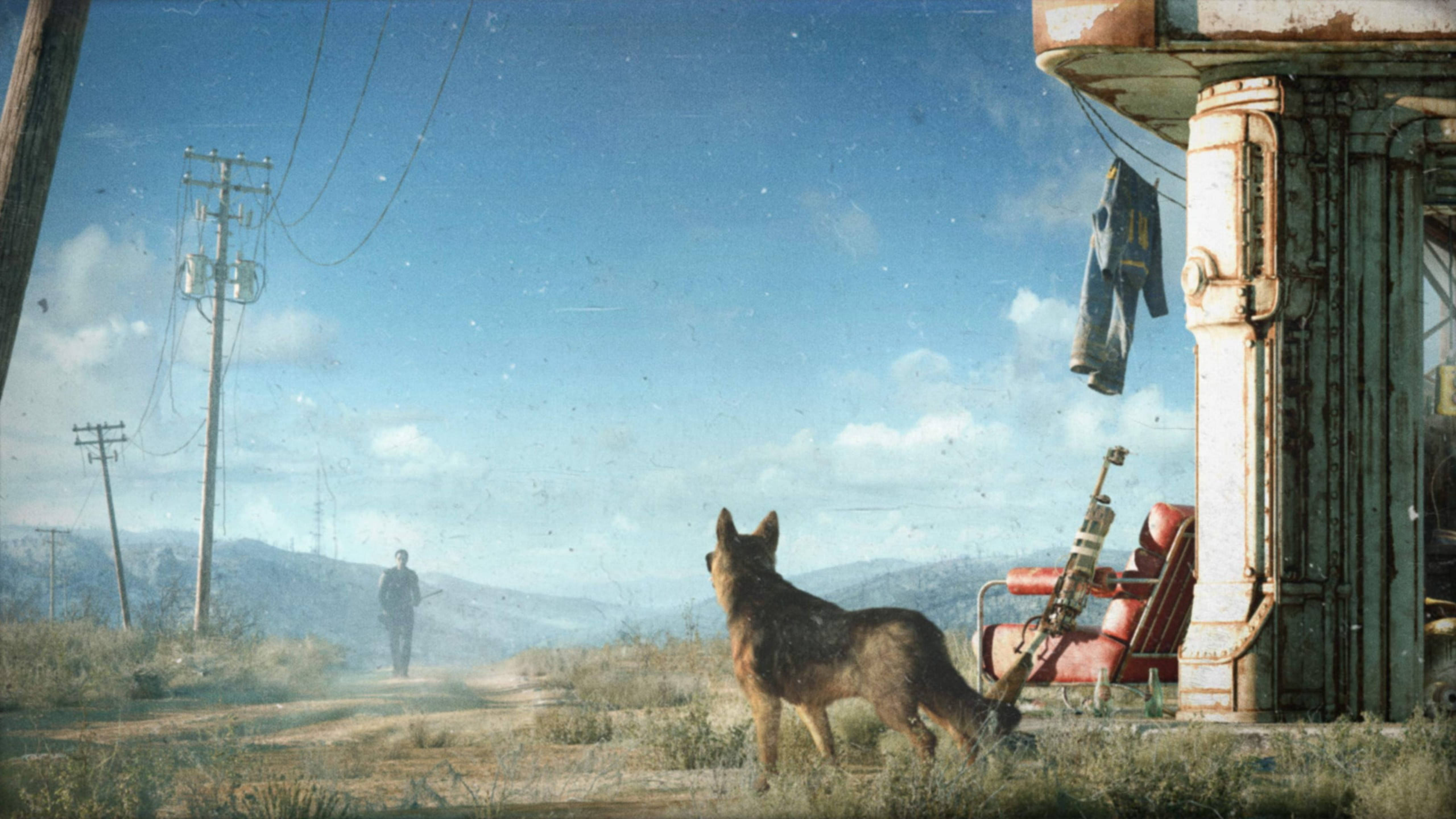 Fallout 4 桌布 壁紙 — 一隻孤獨的狗站在生鏽的加油站附近，一個人影在明亮的藍天下走向遠山。