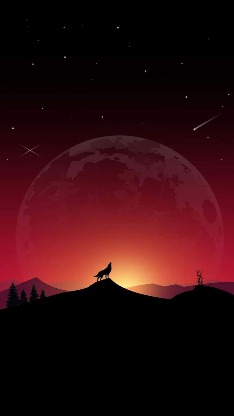 Wolf Minimalist 桌布 壁紙 — 一隻孤獨的狼在巨大的紅月亮和流星劃過的星空下的小山頂上嚎叫。