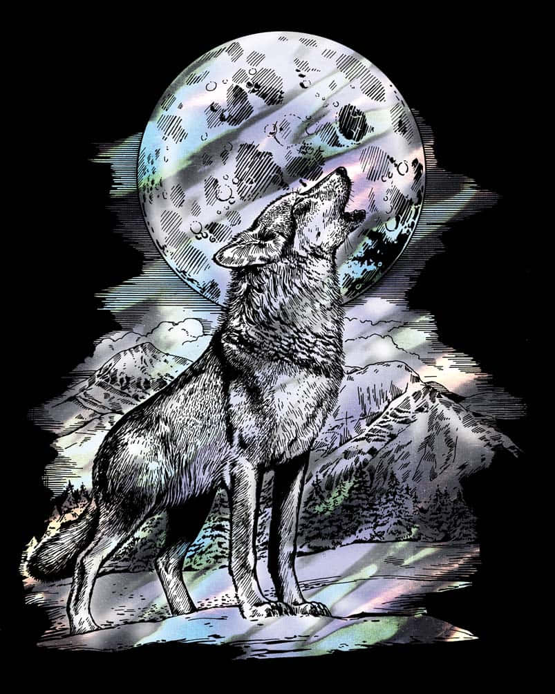 Beautiful Wolf 桌布 壁紙 — 一隻孤獨的狼在星空下對著雪峰上方巨大而細緻的月亮嚎叫。