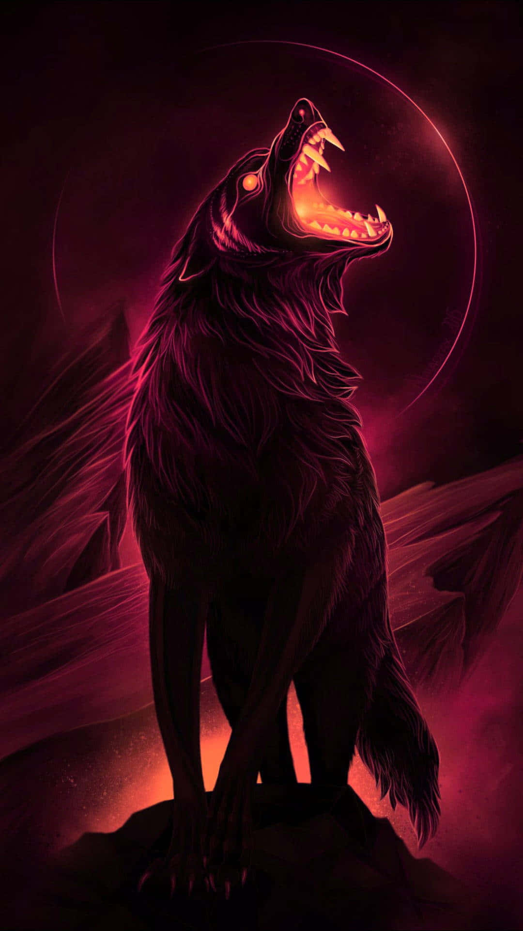 Wolf Aesthetic 桌布 壁紙 — 一隻孤獨的狼在黑暗、風格化的數位藝術作品中，對著一輪發光的深紅色月亮嚎叫。
