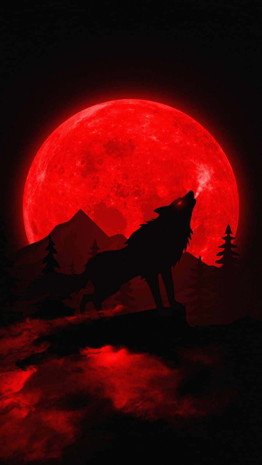 Howling Wolf 桌布 壁紙 — 一隻孤獨的狼在黑暗的山巒背景下，對著一輪巨大發光的紅月嚎叫，周圍是剪影般的樹木。