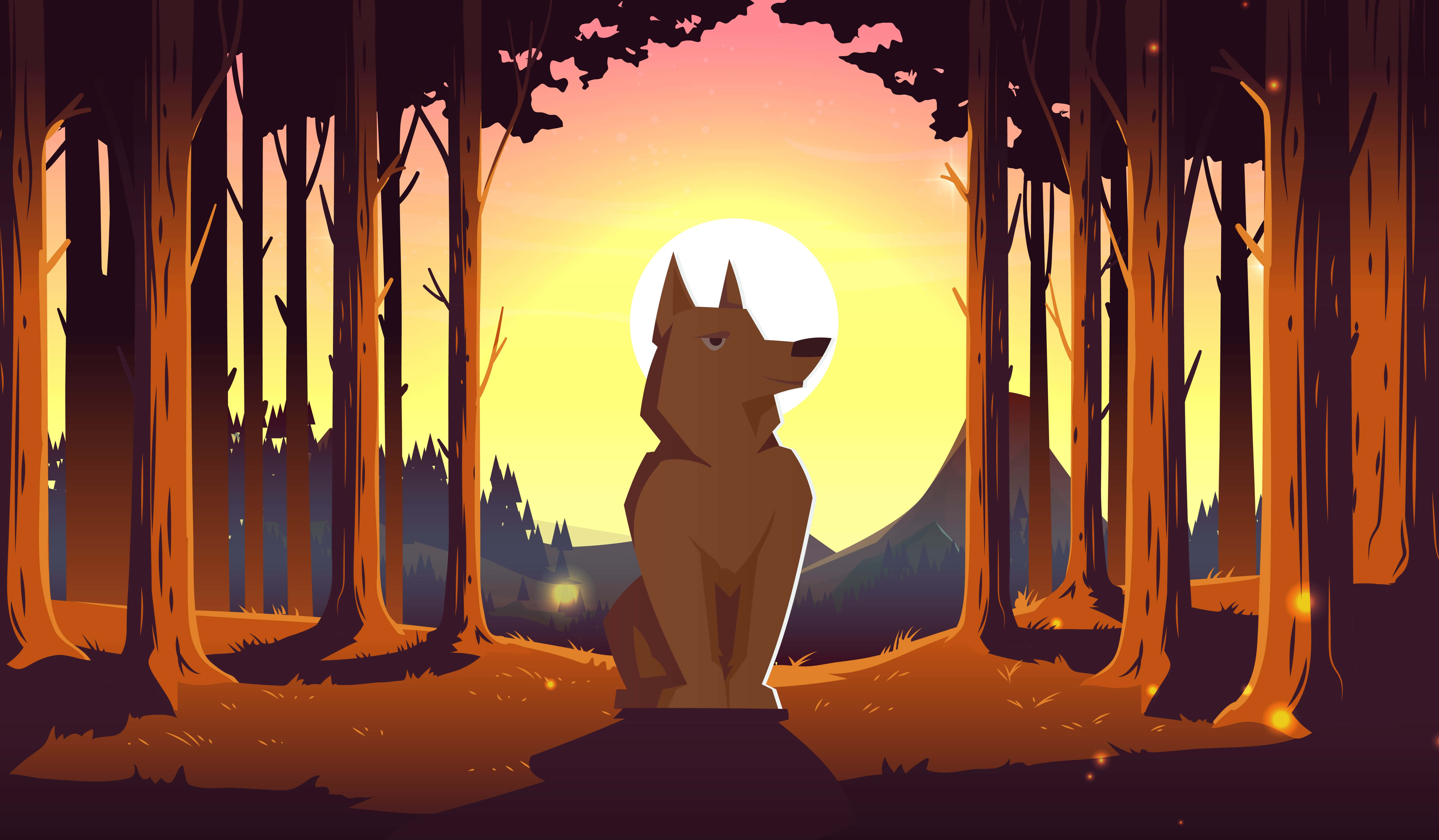 Wolf In Summer 桌布 壁紙 — 一隻孤獨的狼坐在日落時分的森林中，溫暖的橙色和黃色色調穿過高大的樹木投下長長的影子。