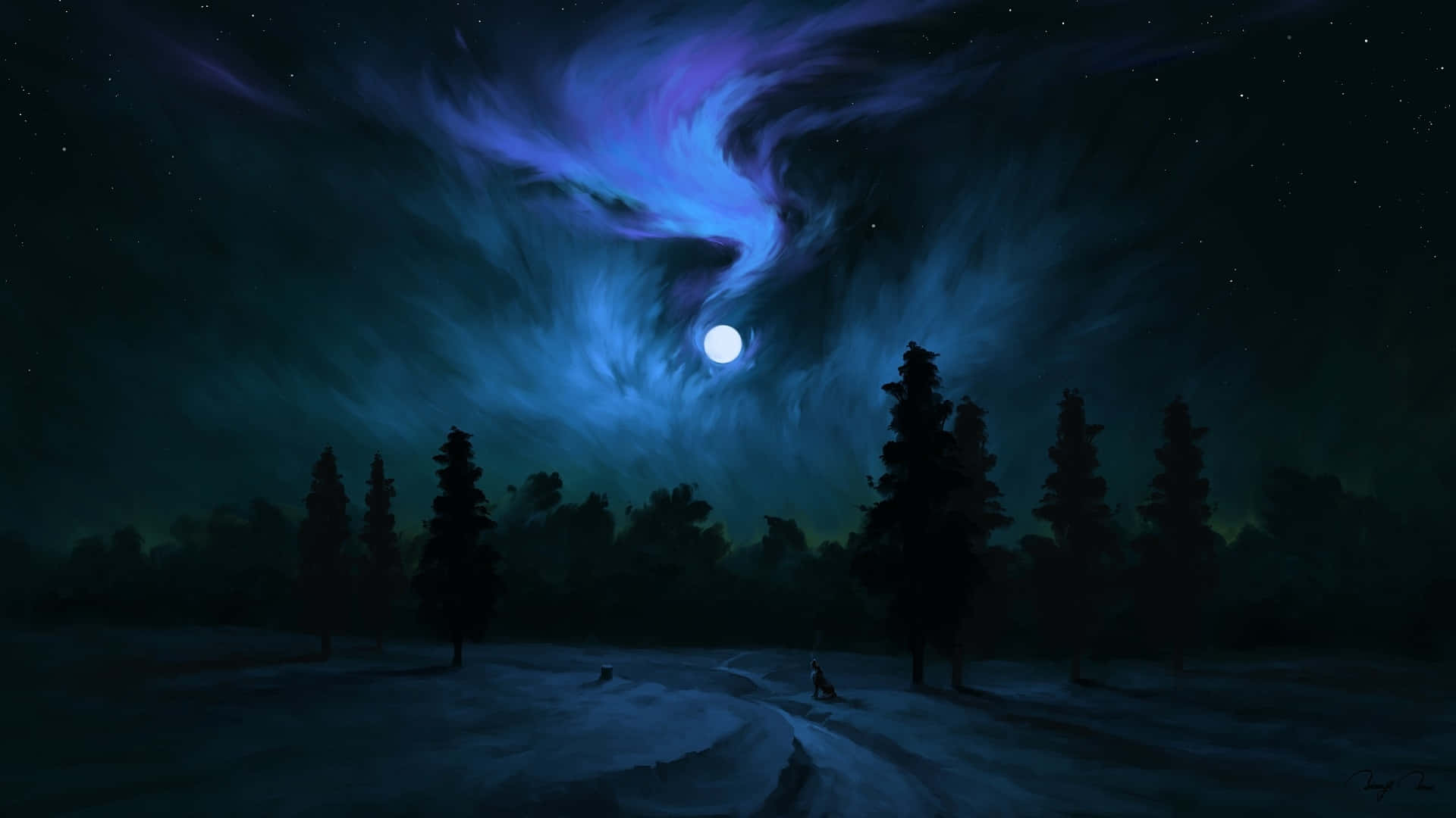 黑夜 桌布 壁紙 — 一隻孤獨的狼坐在雪徑上，下方是黑暗的松樹林，上方是旋轉的藍色極光和滿月。