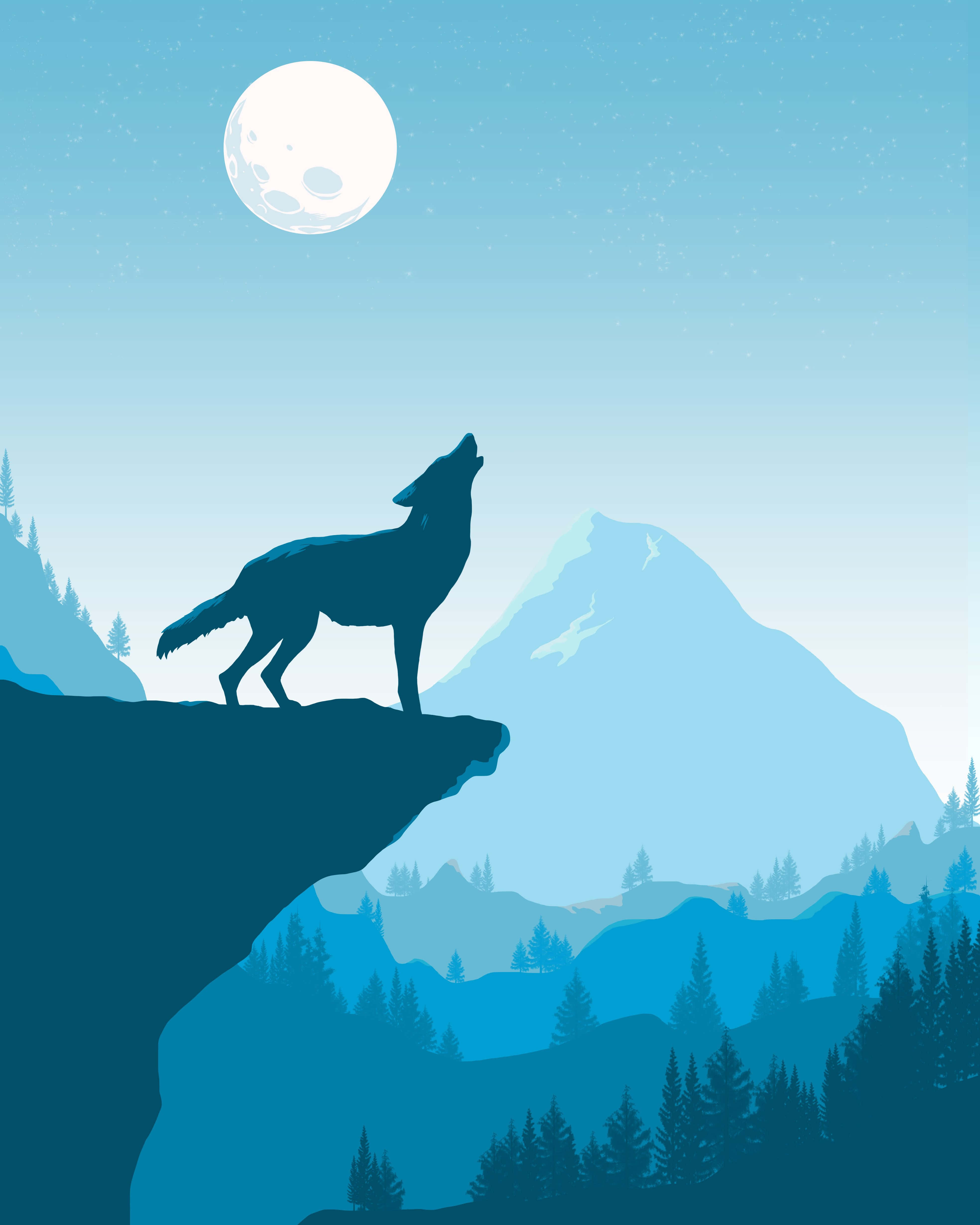 Wolf In Mountains 桌布 壁紙 — 一隻孤獨的狼棲息在懸崖上，對著滿月嚎叫，俯瞰著星空下寧靜的藍色山脈。