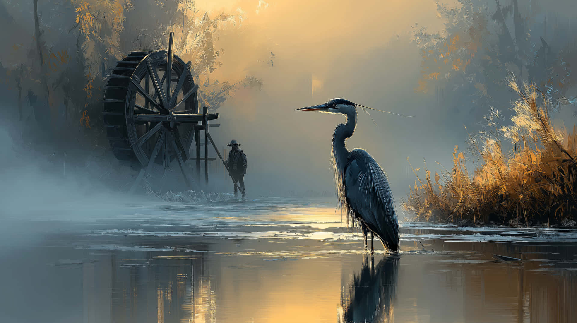 Heron in Misty Waters with Distant Figure and Watermill 壁紙 — 一隻孤獨的蒼鷺站在霧氣瀰漫的水邊，靠近一個樸素的水車，一個人影在霧濛濛的黎明中走過。
