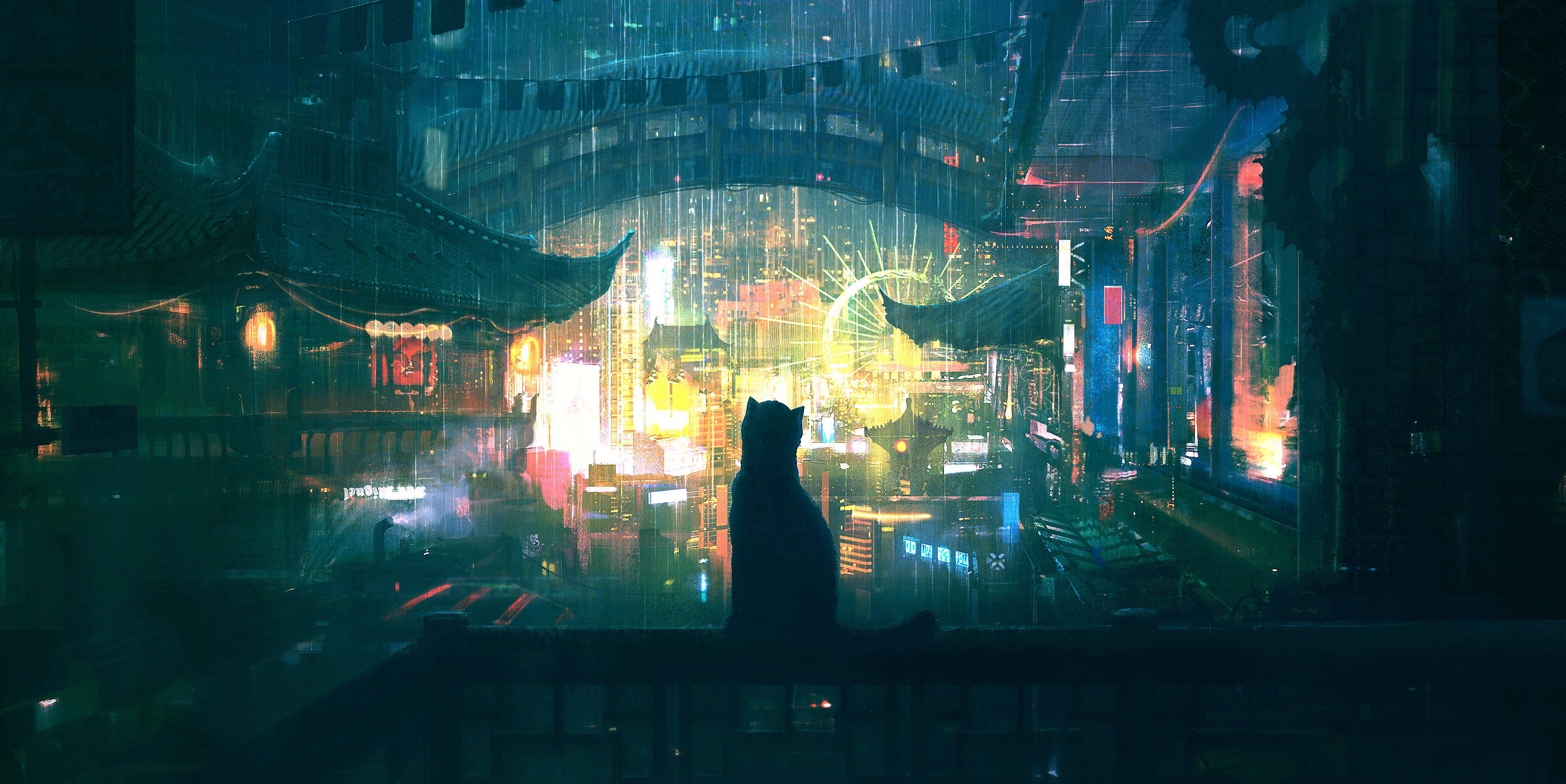 Raining 桌布 壁紙 — 一隻孤獨的貓剪影在黑暗的天空下，透過雨水濕滑的玻璃凝視著霓虹燈浸染的賽博龐克城市景觀。