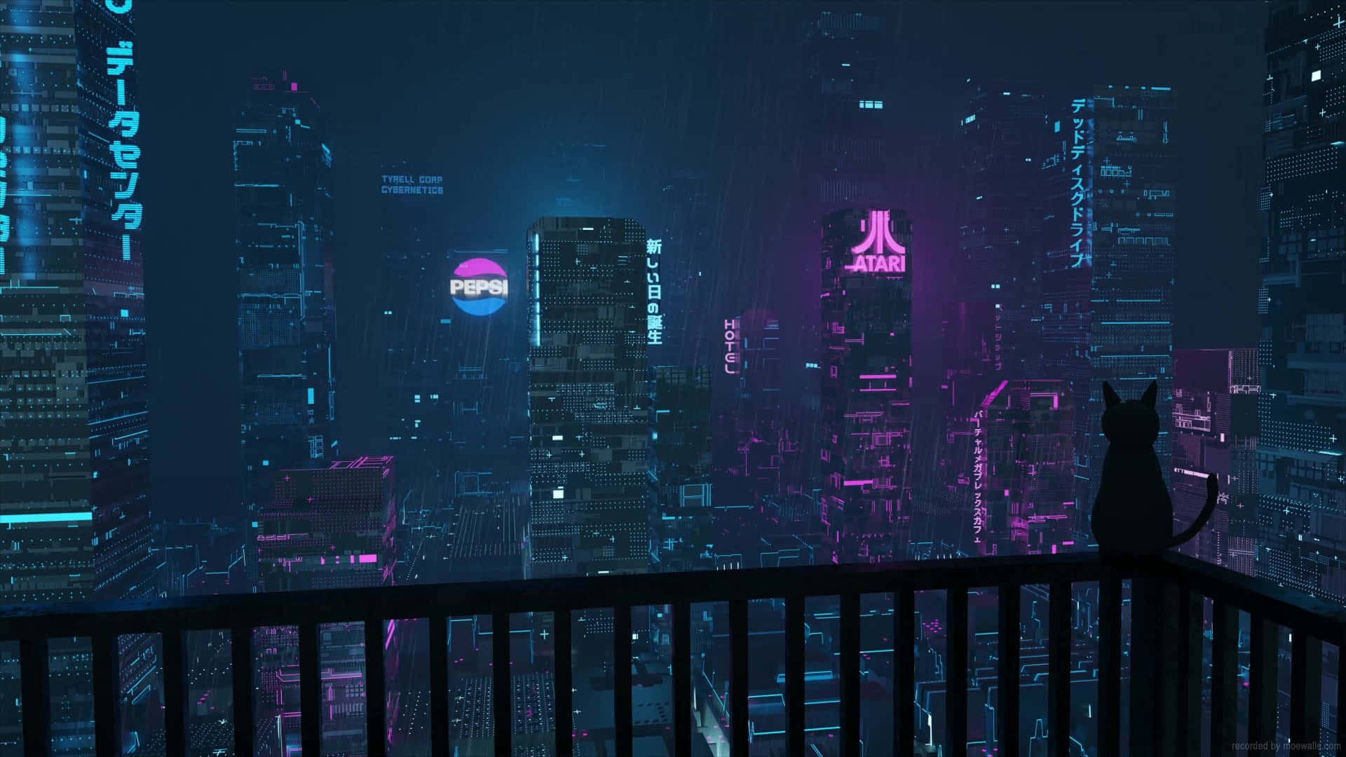 Cyberpunk Night City 桌布 壁紙 — 一隻孤獨的貓剪影坐在陽台上，俯瞰著夜晚霓虹燈閃爍的賽博朋克城市景觀，有發光的摩天大樓和數位廣告牌。