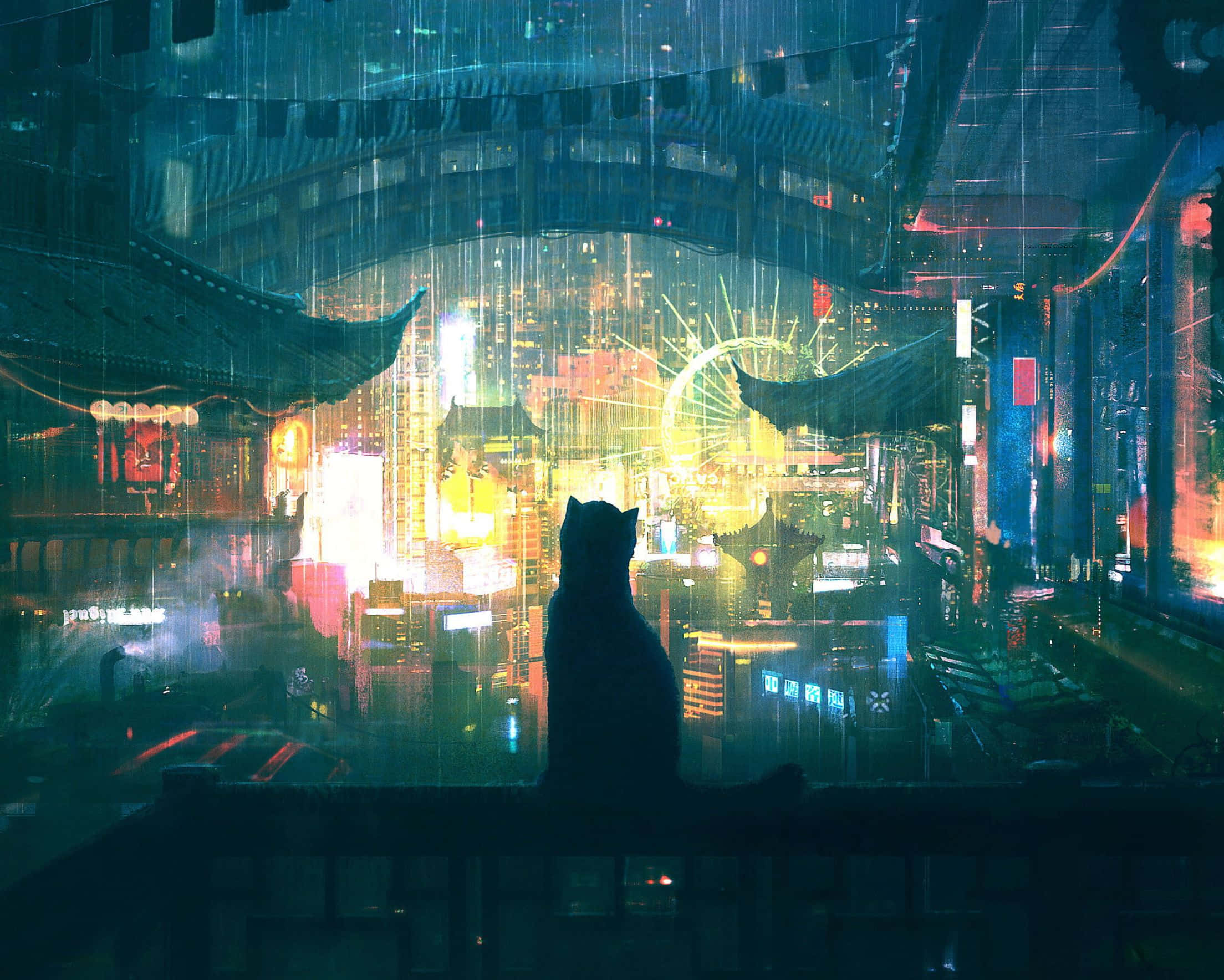 2208x1768 桌布 壁紙 — 一隻孤獨的貓剪影眺望著被雨水浸濕的霓虹賽博龐克城市景觀，融合了傳統建築與發光的未來主義塔樓。