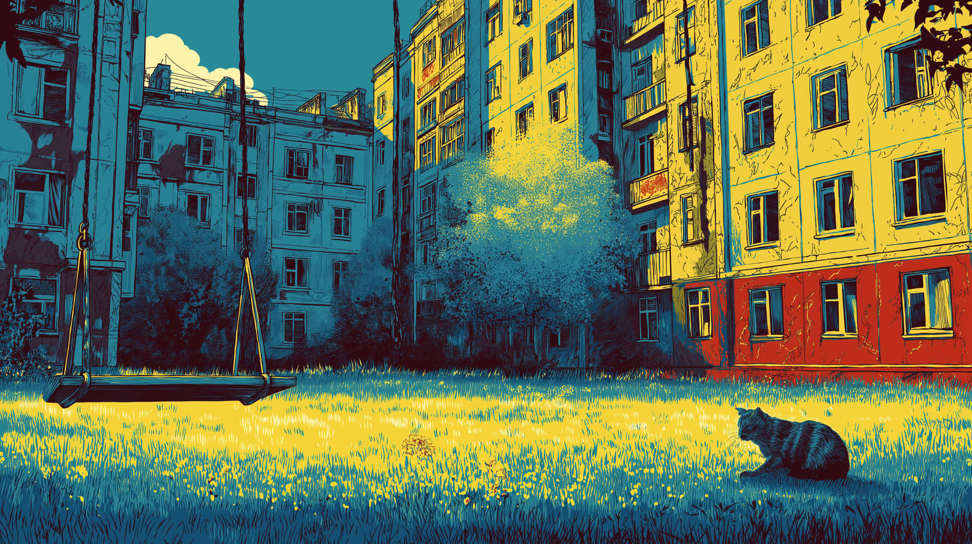 Graphic Illustration: Cat in Soviet Yard with Swings 壁紙 — 一隻孤獨的貓咪在鮮黃色的草地上休息，下方是鞦韆，背景是風化的公寓建築，呈現對比的藍色和黃色調。