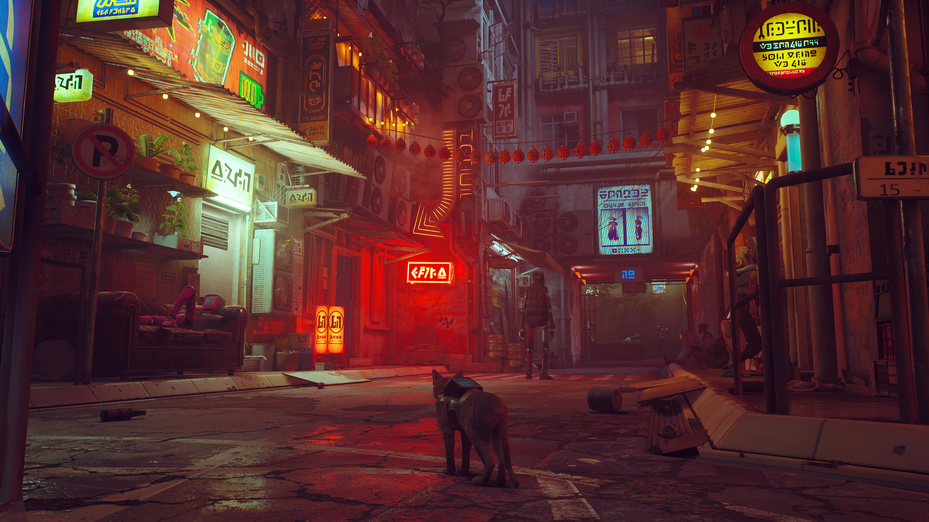 Dark Dystopian 桌布 壁紙 — 一隻孤獨的貓在夜晚的霓虹小巷中站立，周圍是發光的招牌和雨濕的路面。