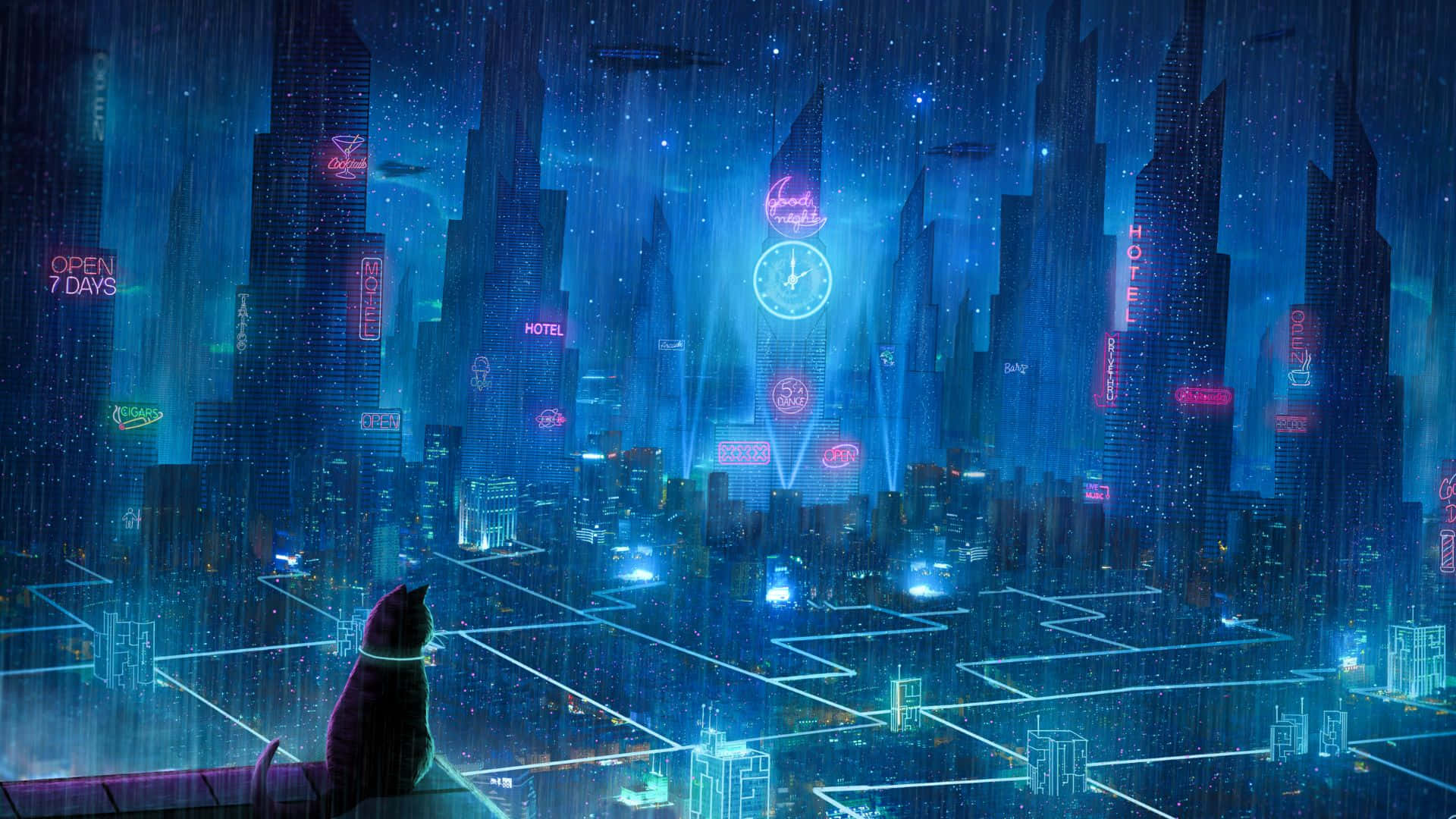 Future 桌布 壁紙 — 一隻孤獨的貓在星空下注視著雨濕的霓虹塔在賽博龐克城市景觀中發光。