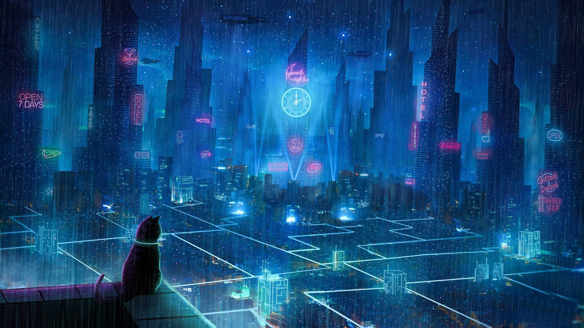 桌布 壁紙 — 一隻孤獨的貓在星空夜空下，看著被雨淋濕的霓虹塔在賽博龐克城市景觀中發光。