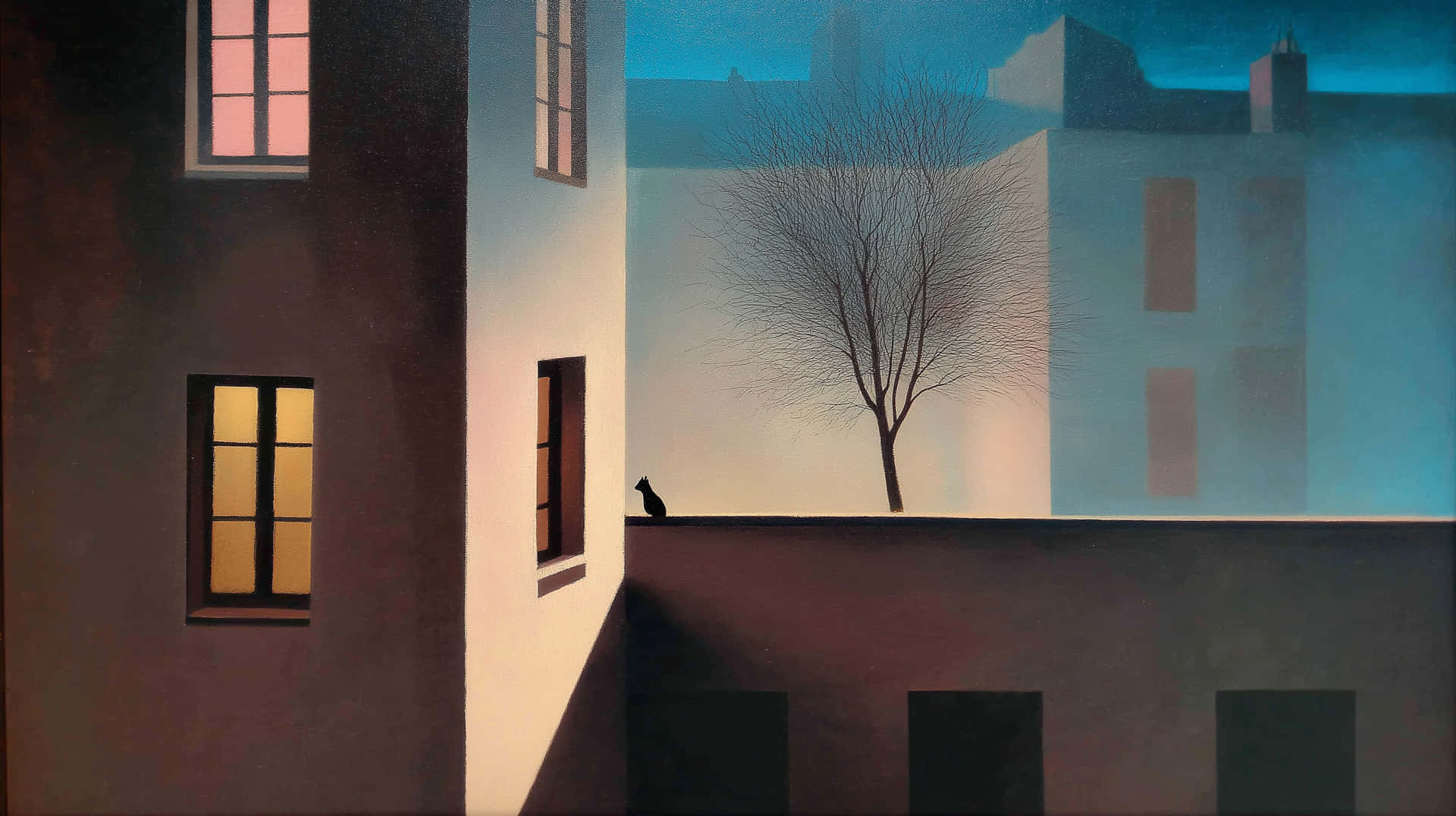 Dreamlike Urban Landscape with Silhouetted Trees at Dusk 壁紙 — 一隻孤獨的貓棲息在光禿禿的樹下的屋頂邊緣，溫暖的窗戶燈光映照著涼爽的藍色暮色建築。