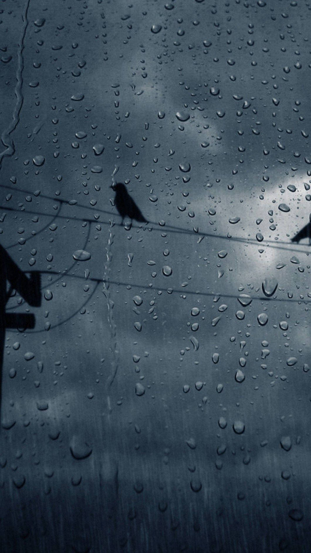 雲朵 桌布 壁紙 — 一隻孤獨的鳥棲息在電線上，背景是暴風雨的天空，透過濺滿雨點的窗戶觀看。