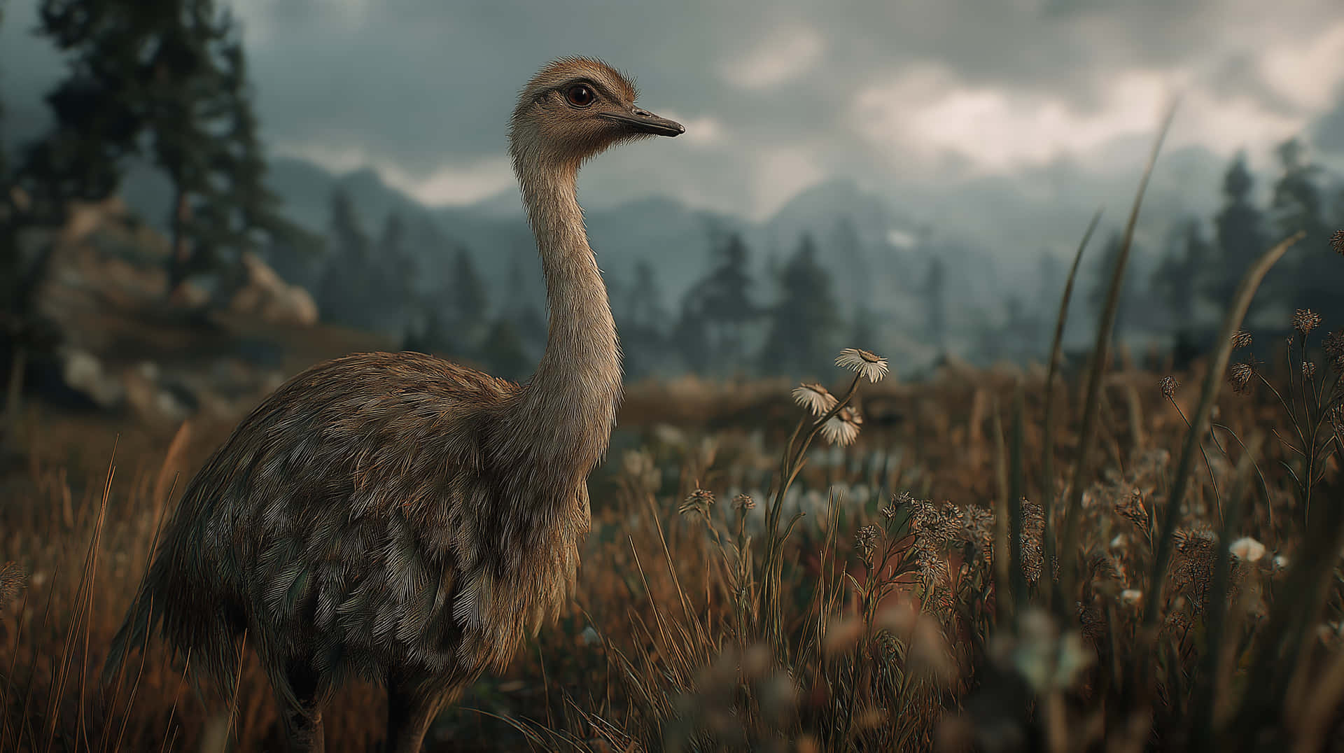 Hyperrealistic Ostrich in Grassy Landscape with Mountains 壁紙 — 一隻孤獨的鴕鳥高高佇立在霧氣瀰漫的高草和野花田野中，遠處山巒在陰天天空下。