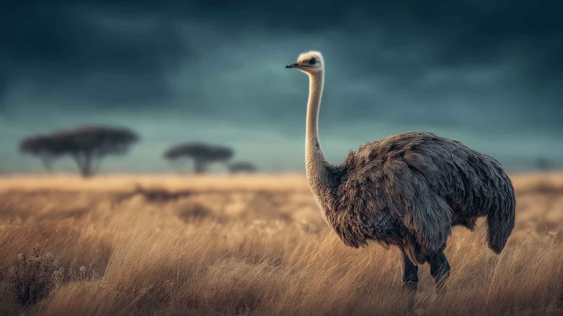 Hyperrealistic Ostrich Standing in Golden Grassy Savannah 壁紙 — 一隻孤獨的鴕鳥高高站在金色草地上，背景是陰鬱的藍綠色天空和遠處的金合歡樹。