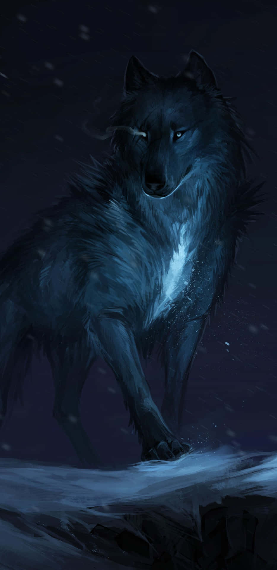 Phone Screen 桌布 壁紙 — 一隻孤獨的黑狼在雪夜景色中警覺地站立，雪花飄落，眼睛發光。