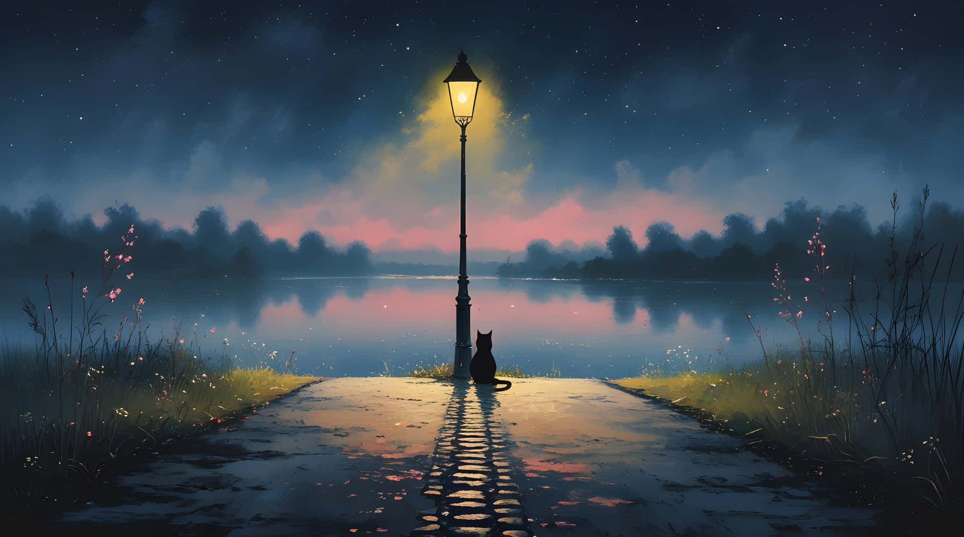 A night view of beautiful lake 壁紙 — 一隻孤獨的黑貓坐在發光路燈下的濕石徑上，旁邊是霧氣瀰漫的湖泊，上方是星光閃爍的暮色天空。