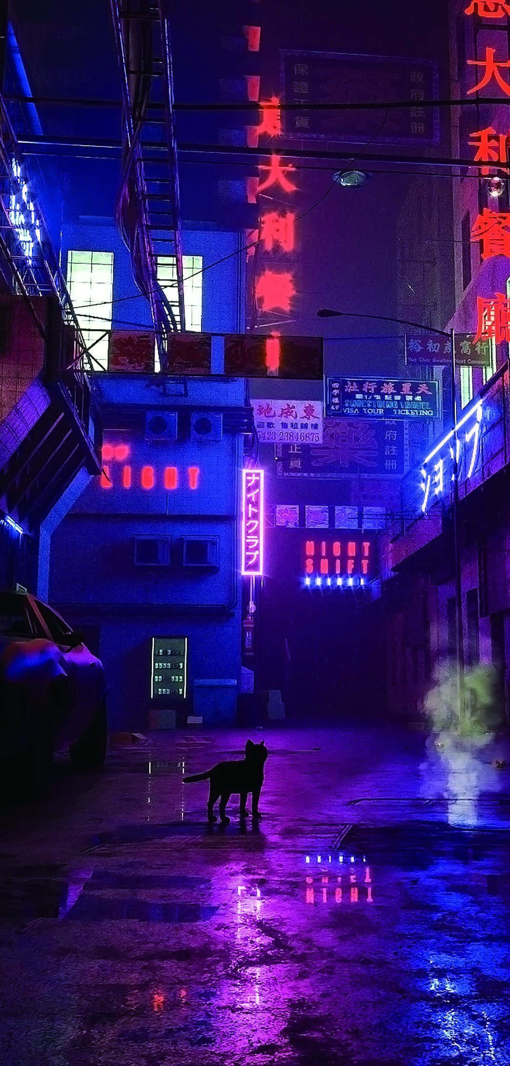 iPhone Neon 桌布 壁紙 — 一隻孤獨的黑貓站在夜晚被雨水浸濕的霓虹小巷中，周圍是發光的紫色和藍色招牌，倒映在濕漉漉的路面上。