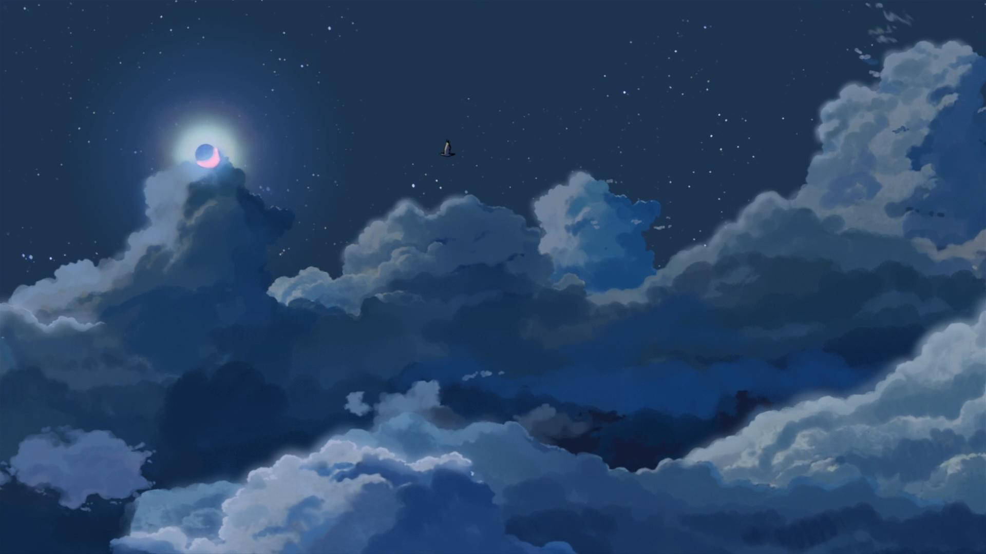 一隻鳥在發光的月亮下飛過深藍色的雲層。 — 5K 壁紙