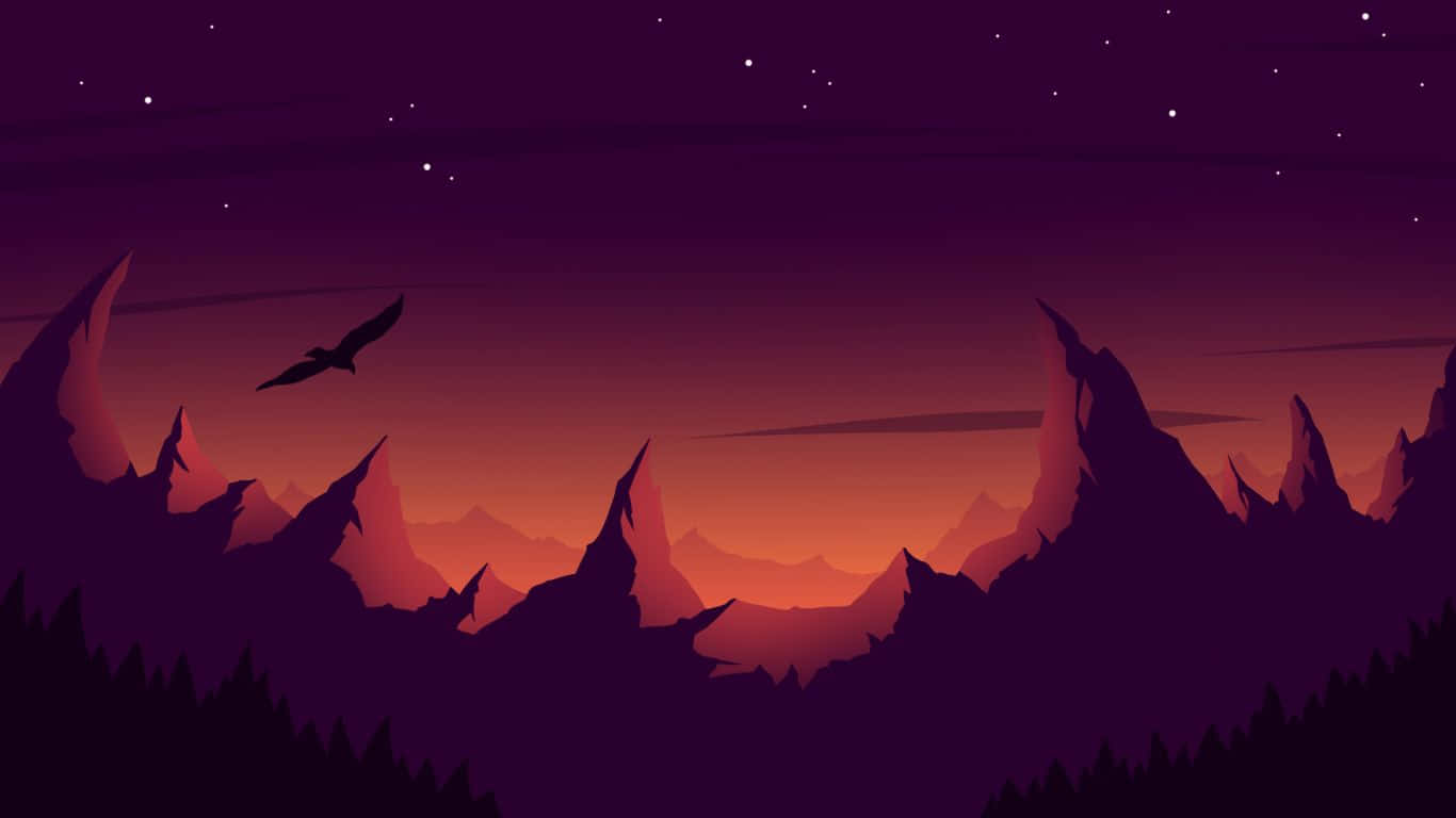 1366x768 Minimalist 桌布 壁紙 — 一隻孤鳥在繁星點點的暮色天空下翱翔於崎嶇的山峰之上，天空閃爍著深紫色和橙色。