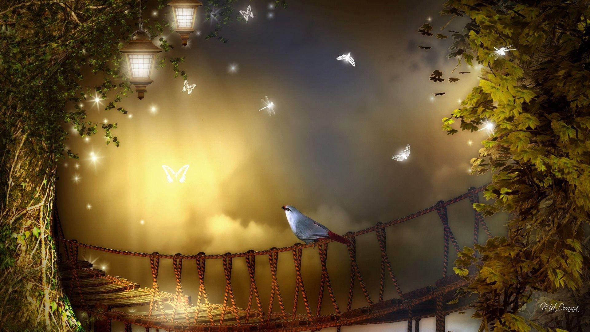 night butterfly 桌布 壁紙 — 一隻孤鳥棲息在繩橋上，下方是發光的燈籠，蝴蝶在星光燦爛的暮色天空中飛舞。