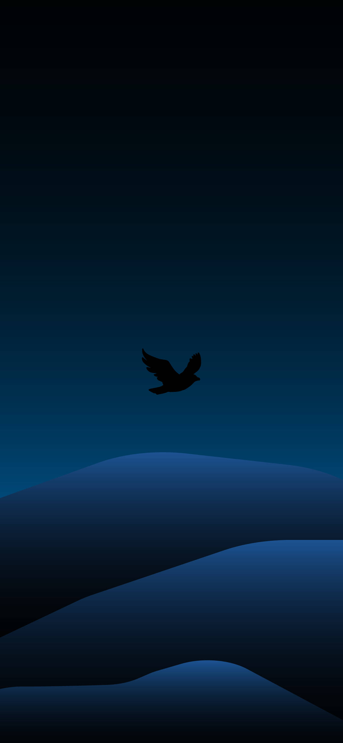 minimal dark iPhone 桌布 壁紙 — 一隻孤鳥的剪影在漸變夜空下翱翔於平滑的藍色山丘之上。