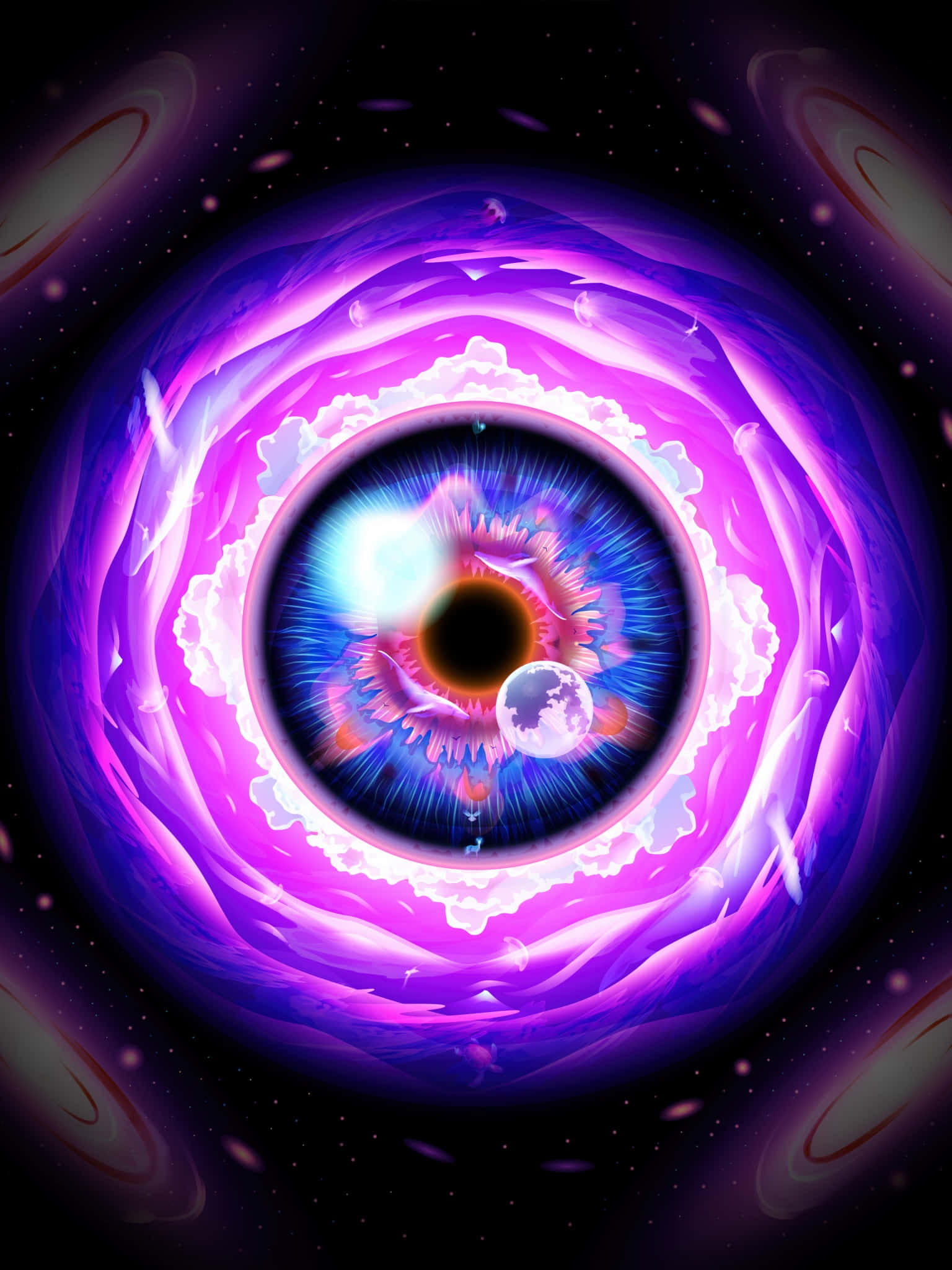 Galaxy Artwork 桌布 壁紙 — 一隻宇宙之眼，帶有旋轉的紫色能量和一個發光的瞳孔，內含月亮和星爆。