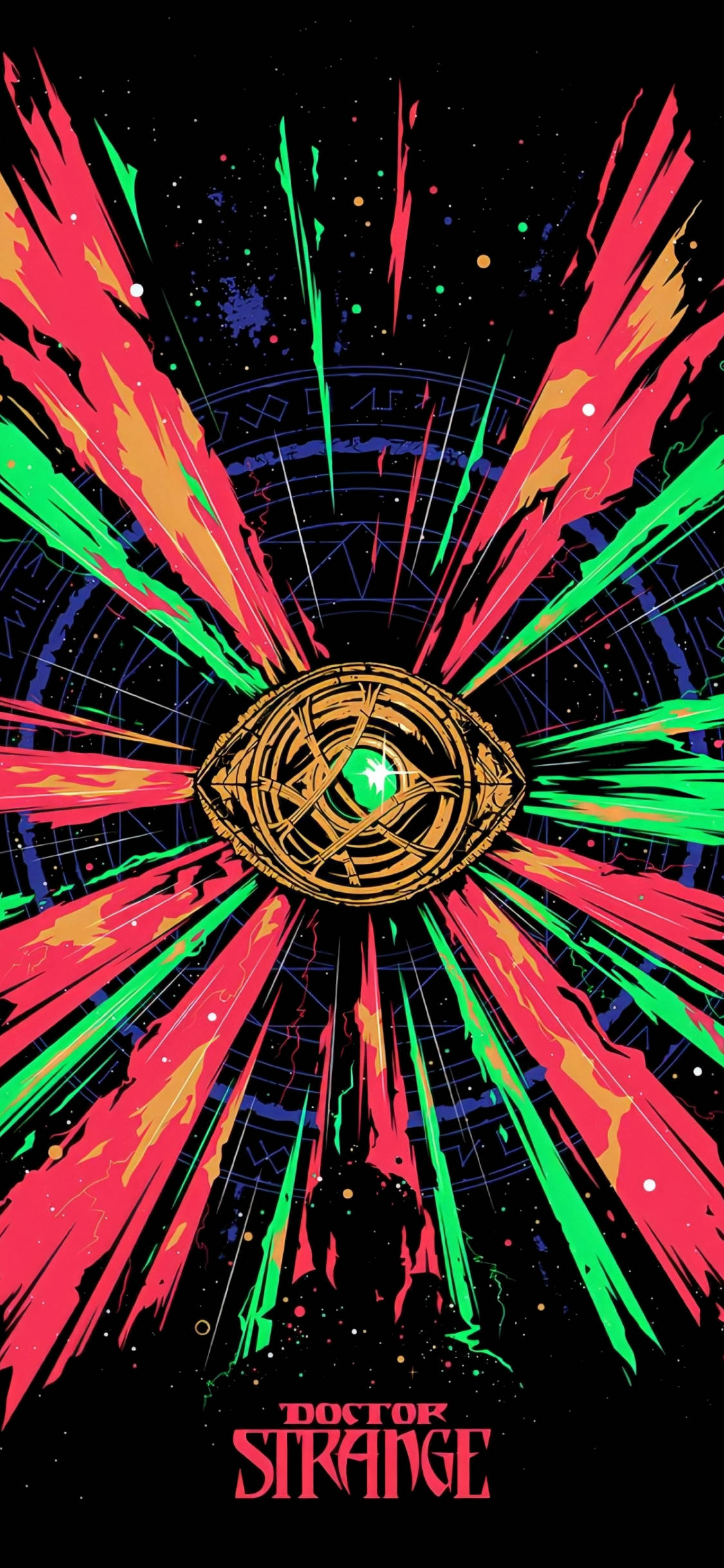 奇異博士 桌布 壁紙 — 一隻宇宙之眼在滿佈星星的黑色背景上散發出霓虹紅和綠色的能量光束，下方是奇異博士的剪影。