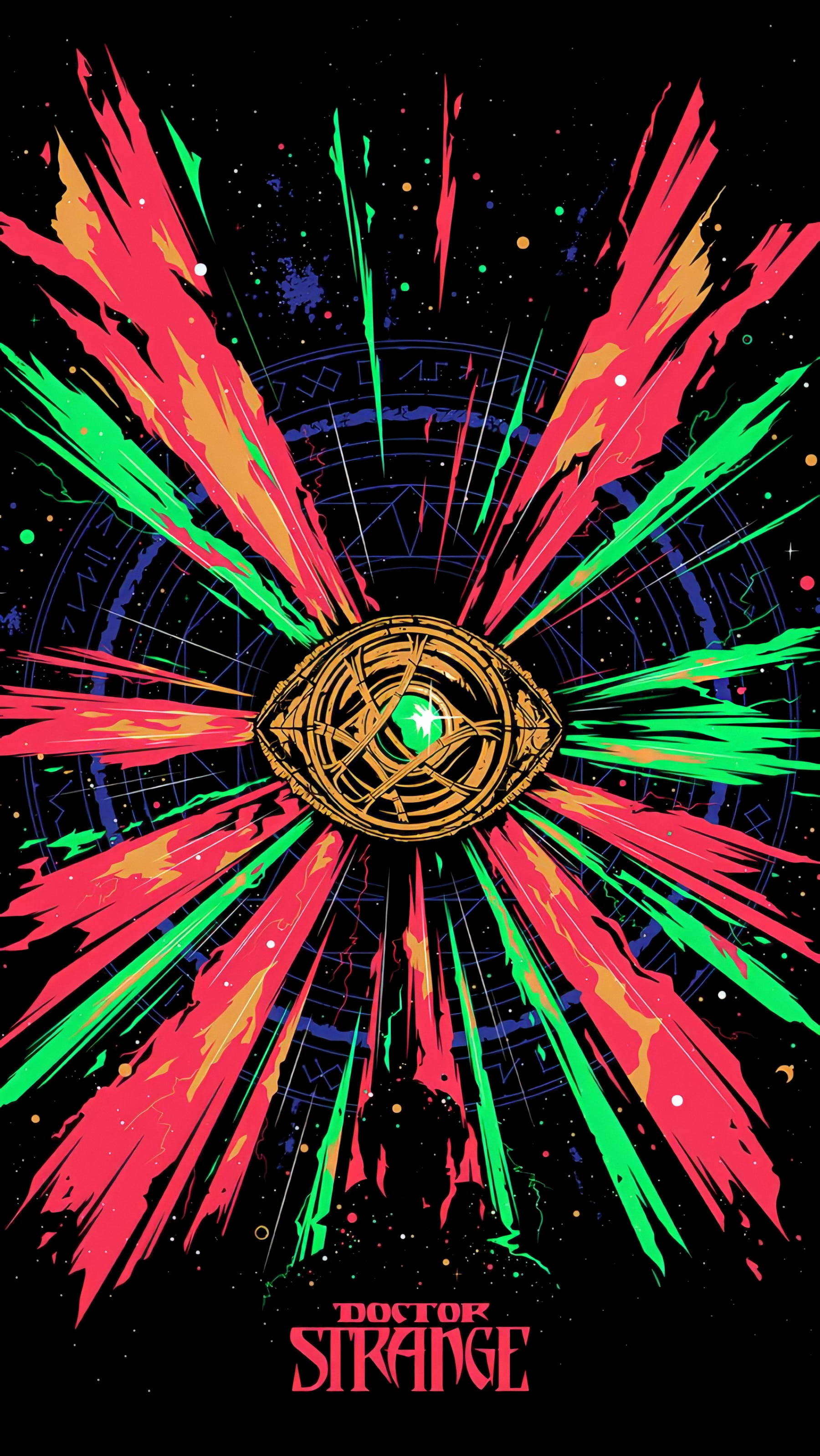 keren 桌布 壁紙 — 一隻宇宙之眼在繁星點點的黑色背景上散發出火紅和霓虹綠的能量，下方是奇異博士的剪影。