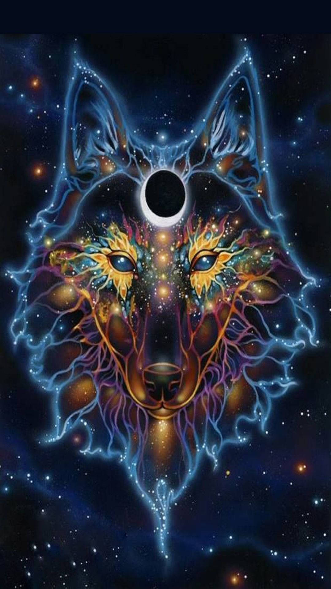 一隻神秘的狼，擁有發光的眼睛和宇宙能量，背景是星空夜空，帶有日食。