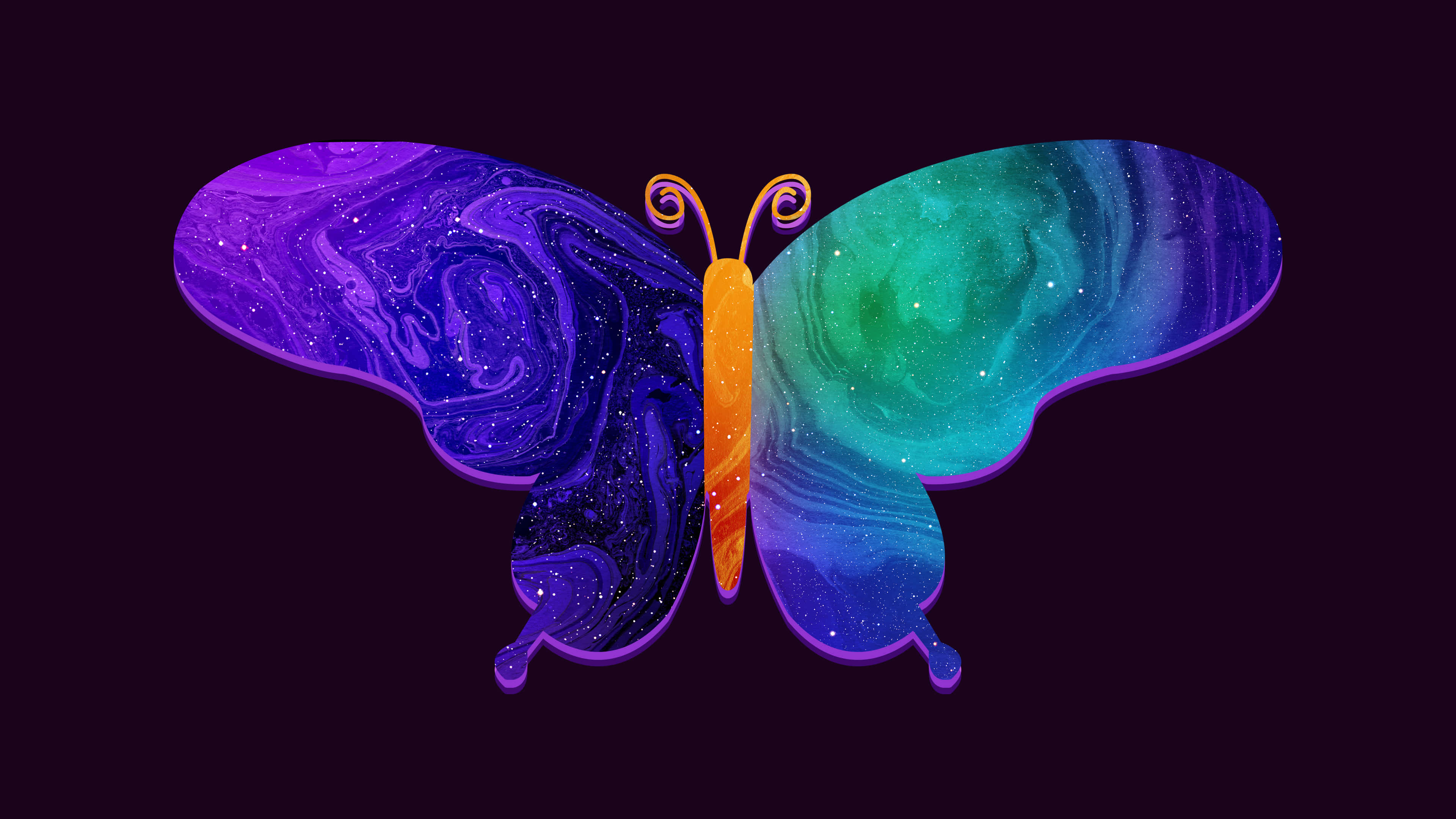 Butterflies Laptop 桌布 壁紙 — 一隻宇宙蝴蝶，擁有星系翅膀，一半紫色一半藍綠色，背景為深色。