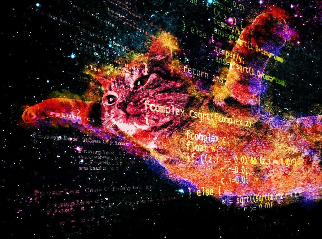 桌布 壁紙 — 一隻宇宙貓剪影在繁星點點的夜空背景下，散發著火熱的色彩，並覆蓋著漂浮的程式碼。