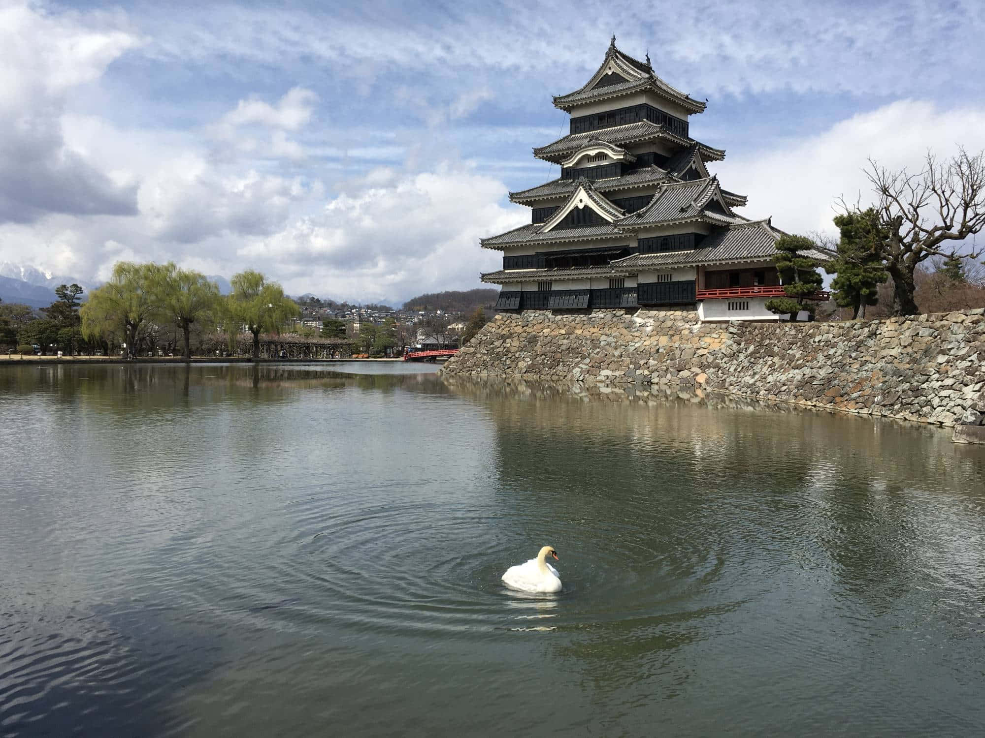 城堡動畫 桌布 壁紙 — 一隻寧靜的天鵝在平靜的水面上滑行，背景是雄偉的傳統日本城堡，天空部分多雲。