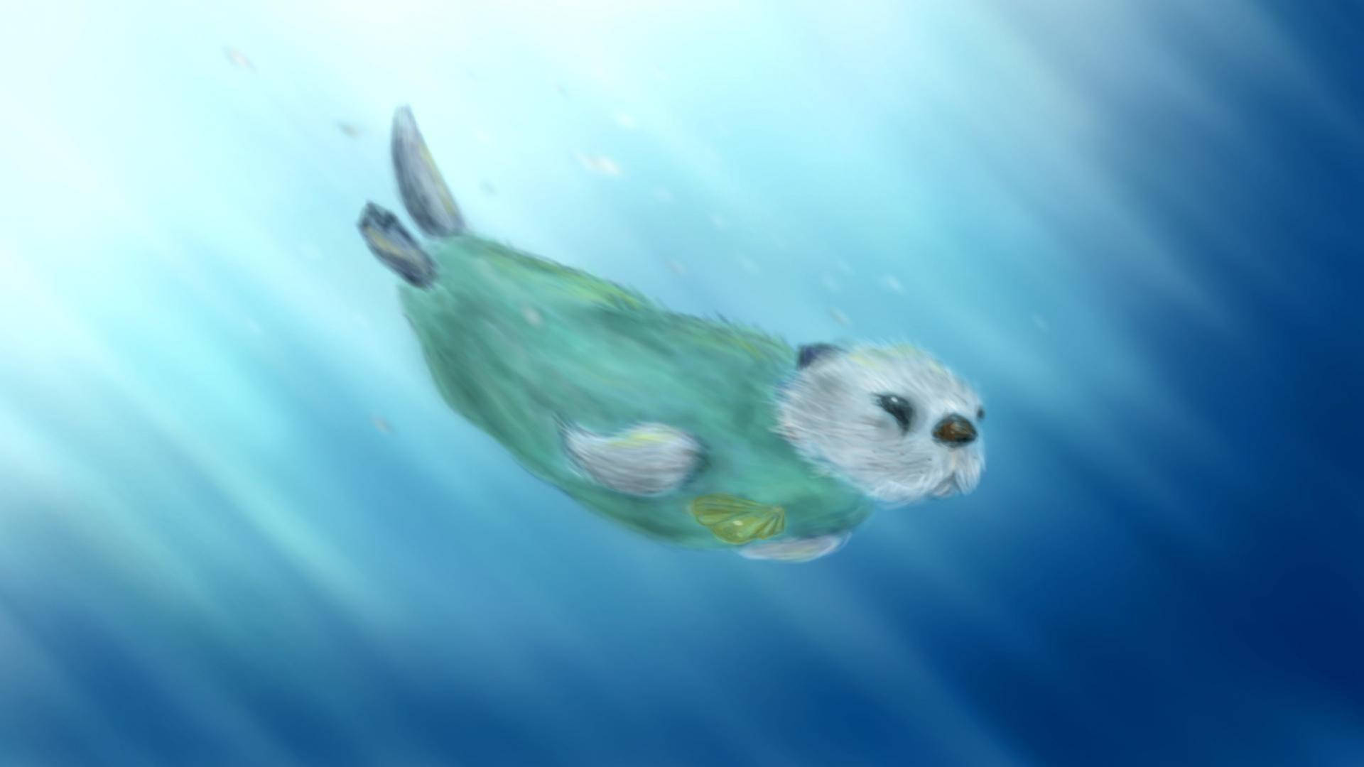 Swimming 桌布 壁紙 — 一隻寧靜的海獺在陽光照射的藍色海水中滑行，柔和的光線從上方過濾而下。