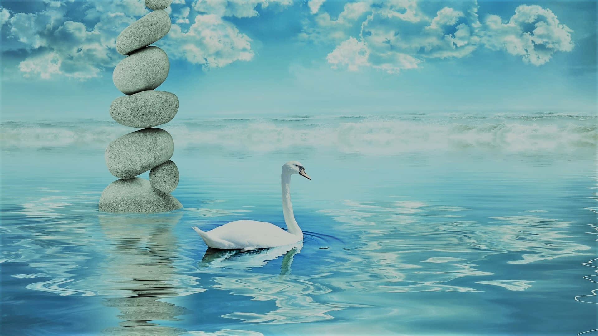 禪 桌布 壁紙 — 一隻寧靜的白天鵝在平靜的藍綠色水面上滑行，旁邊是一座高大的平衡石塔，上方是明亮的藍天和蓬鬆的白雲。