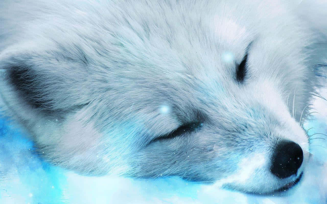 北極狐 桌布 壁紙 — 一隻寧靜的白狐在雪景中安詳地睡著，伴隨著柔和的藍光和飄落的雪花。