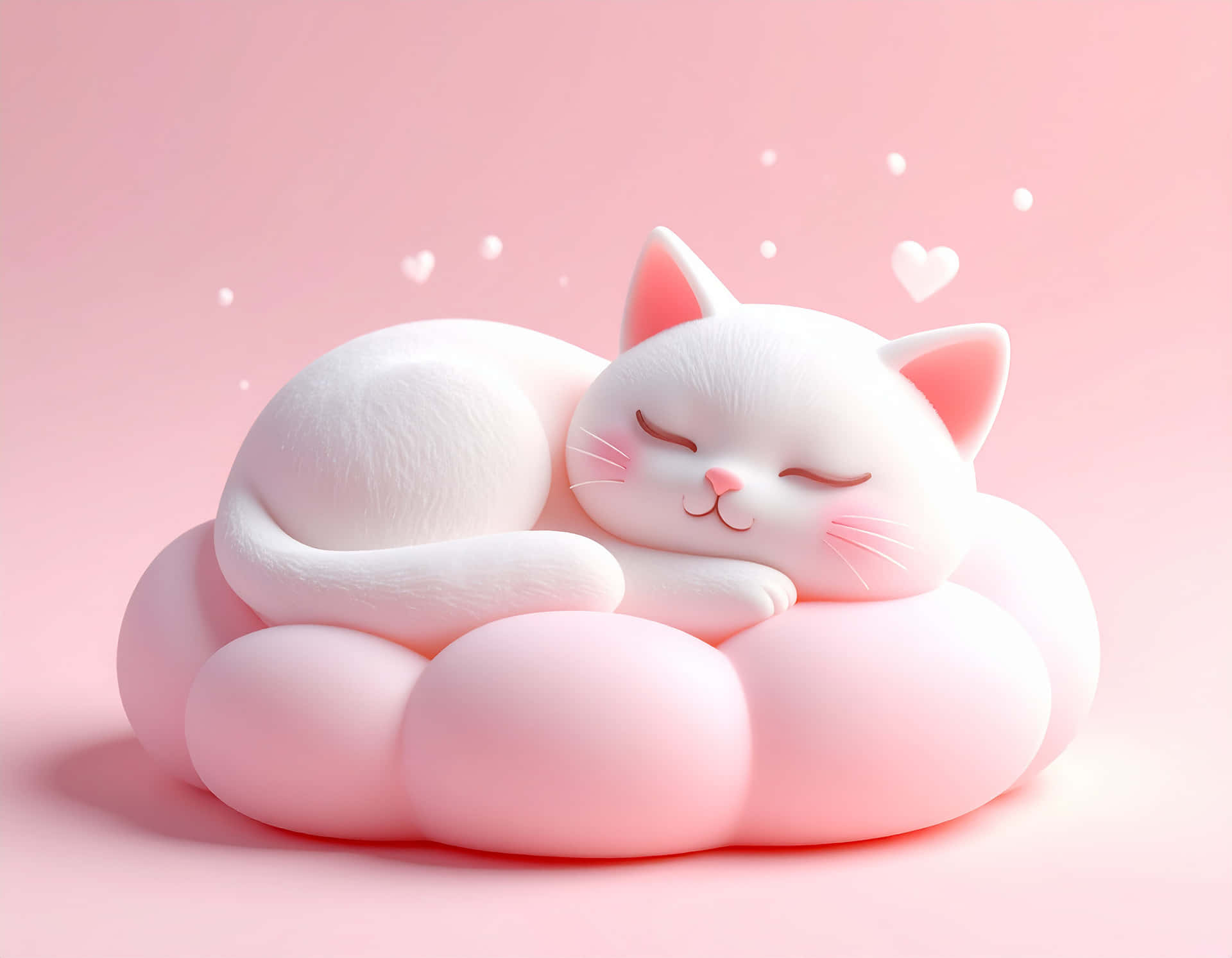 Sleeping Cat 壁紙 — 一隻寧靜的白色小貓，粉紅色的內耳，蜷縮在柔軟的粉紅雲上，背景是粉彩粉紅色，有漂浮的心形。