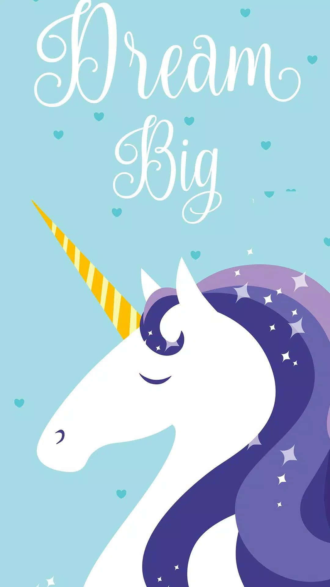 Unicorn Desktop 桌布 壁紙 — 一隻寧靜的白色獨角獸，帶有條紋黃色角和星點紫色鬃毛，倚靠在點綴著心形和「Dream Big」字句的淺藍色天空上。
