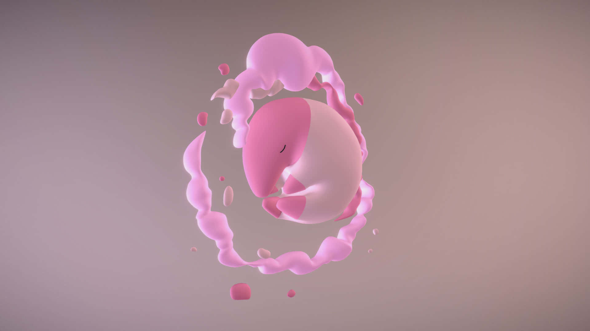 藝術 桌布 壁紙 — 一隻寧靜的粉紅色3D渲染小象在柔和的粉紅色霧氣漩渦中，在柔和的背景下平靜地漂浮。