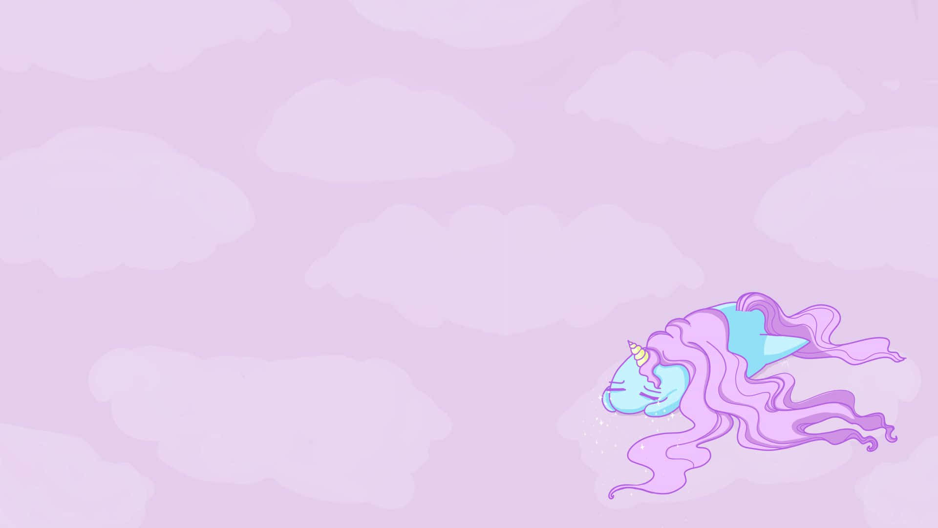 Kawaii Unicorn 桌布 壁紙 — 一隻寧靜的粉藍色獨角獸，飄逸的紫色鬃毛，在柔和的薰衣草雲朵中平靜地漂浮。