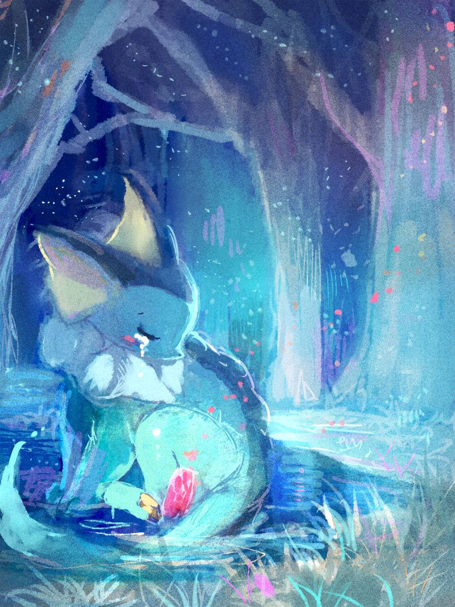 crying anime 桌布 壁紙 — 一隻寧靜的藍色狐狸蜷縮在發光的森林幽谷中，星空暮色下飄浮著粉紅色的花瓣。