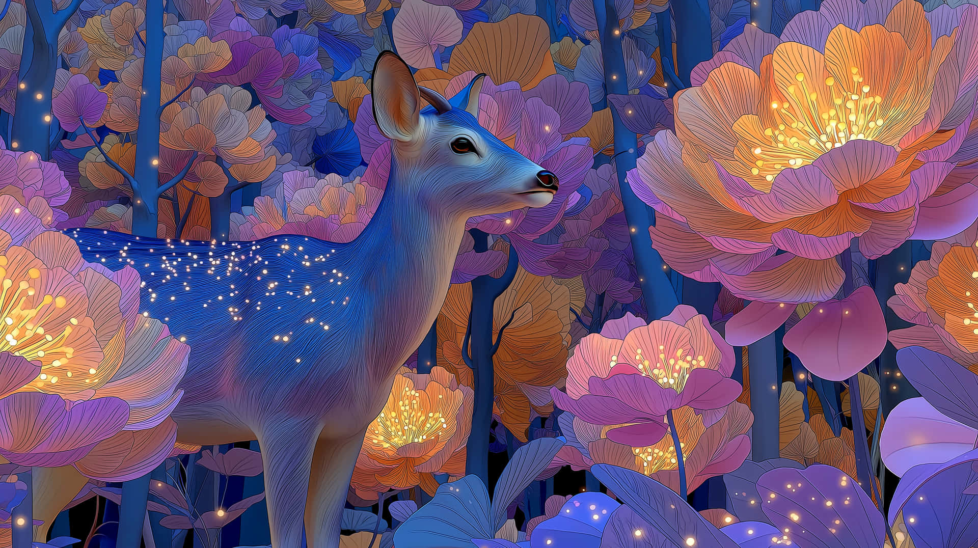 Graceful Deer with Glowing Spots in a Magical Fantasy Forest 壁紙 — 一隻寧靜的藍色鹿，帶有發光的斑點，站在一個魔法森林中，周圍是超大的發光橙色和紫色花朵。