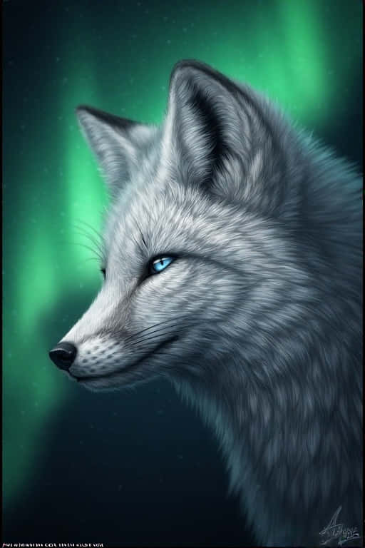 Northern Lights in Arctic Fox Eyes Wildlife 4K 壁紙 — 一隻寧靜的銀狐，擁有銳利的藍色眼睛，在充滿活力的綠色極光背景下向右凝視。