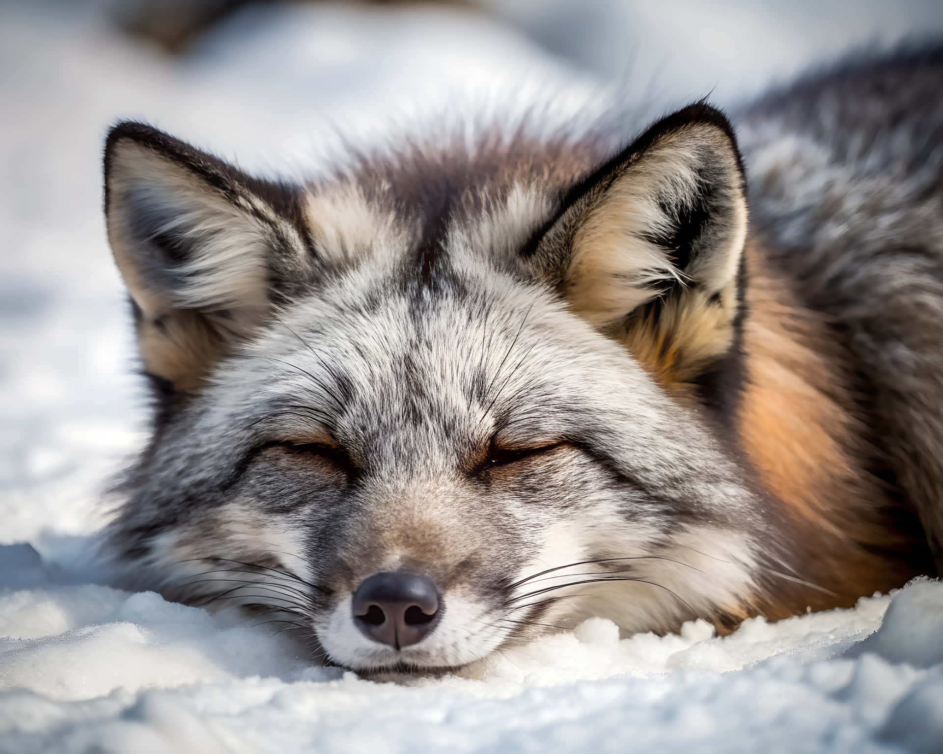 Close-up of a silver fox 壁紙 — 一隻寧靜的銀狐在柔軟的雪中閉目休息，其蓬鬆的毛皮與冬季景觀融為一體。